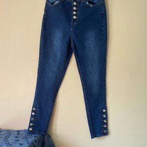 SHEIN Dark Blue Ankle Jeans with Button Detail